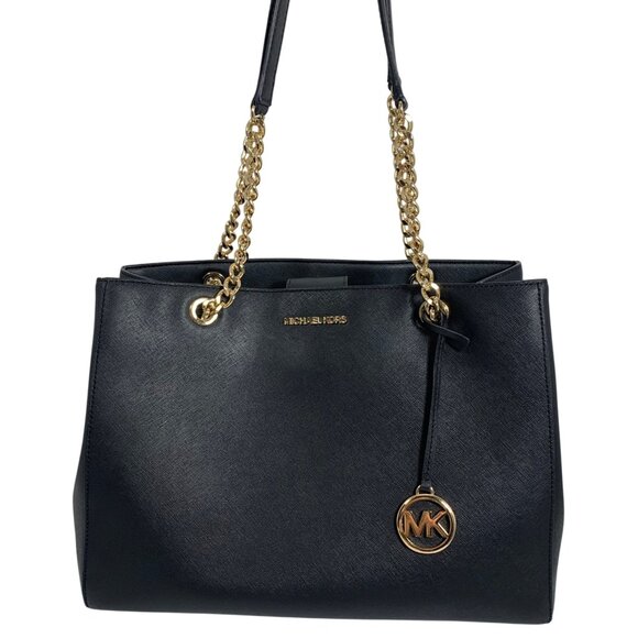 Michael Kors Susannah Large Saffiano Leather Shoulder Bag Black/Gold + Bag Charm - Picture 1 of 14